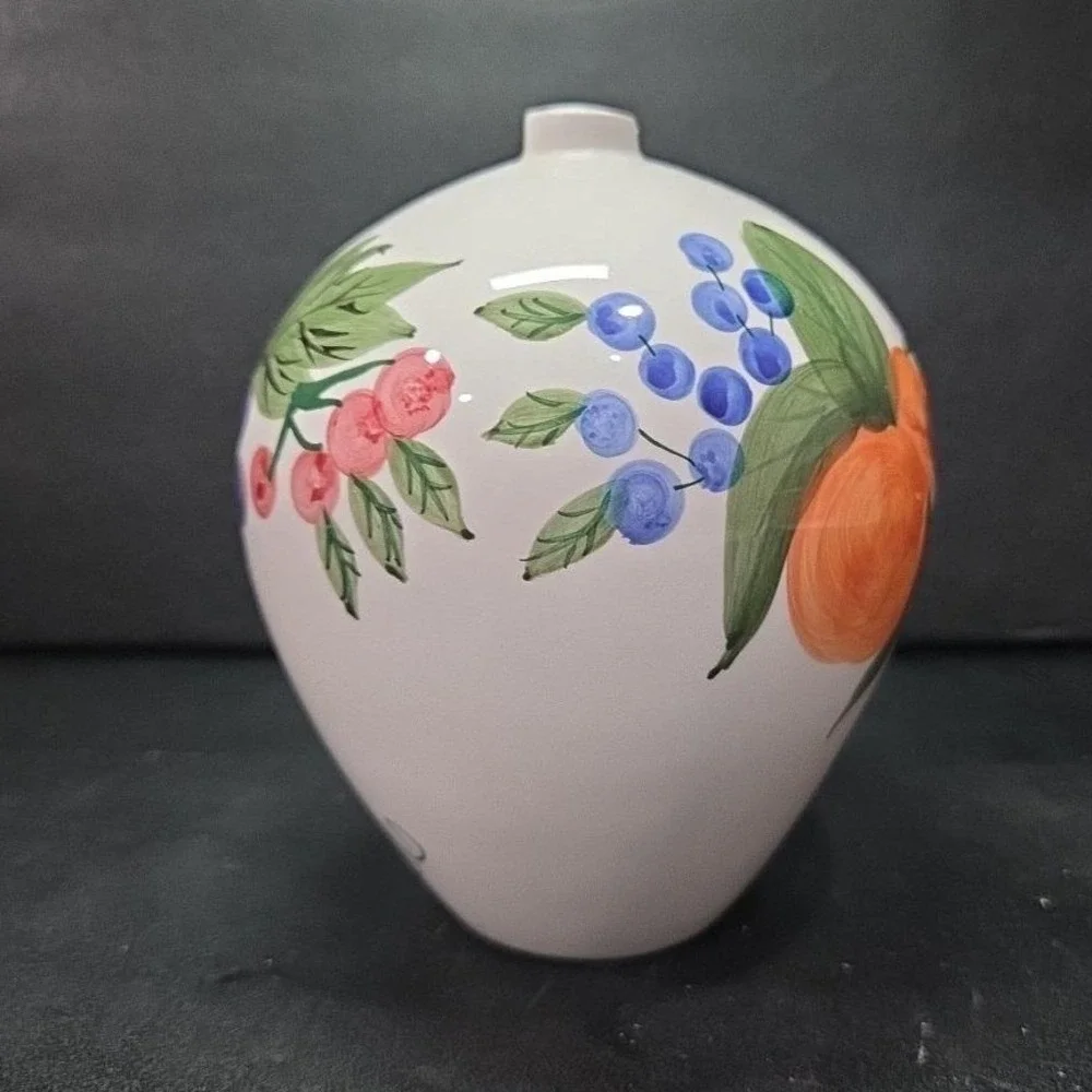 Fruit Themed Bud Vase, Vintage Hand Painted‎ Ceramic Flower Holder, Centerpiece